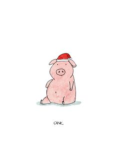 a pig with a santa hat sitting on the ground in front of a white background