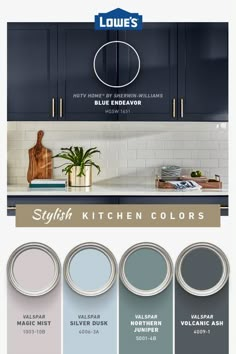 the colors in this kitchen are blue and gray