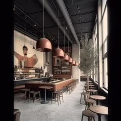 an empty restaurant with tables and stools next to the counter, lights hanging from the ceiling