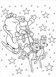 santa claus riding on his sleigh with reindeers and stars in the background