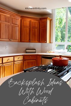 a kitchen with wooden cabinets and an oven in the center is featured on this page