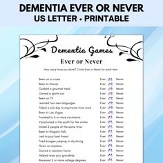 "Get the 11 game bundle: https://www.etsy.com/listing/1510325109 This dementia Ever or Never game is one of the fun brain games for adults with dementia. It's a nice get to know you icebreaker game that helps to stimulate thinking. This fun brain game is perfect for: - Senior centers - Senior activity directors - Memory care units - Assisted living facilities - Retirement homes - And for playing at home WHAT'S INCLUDED 1 pdf file: 1x 8.5\"x 11\" US Letter - This is an INSTANT DOWNLOAD. No physic Games For Memory Care Seniors, Dice Games For Seniors, Fun Senior Activities, Games For Elderly Nursing Homes, Dementiability Activities For Men, Activities To Do With Memory Care Residents, Memory Games For Seniors, Elder Activities, Brain Games For Adults