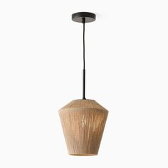 a wooden light hanging from a ceiling fixture with a black metal frame and wood grain design