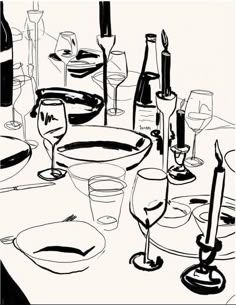 a black and white drawing of a table with wine glasses, plates and candles on it