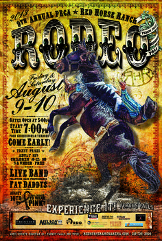 the poster for rodeo with an image of a cowboy riding a horse on it's back