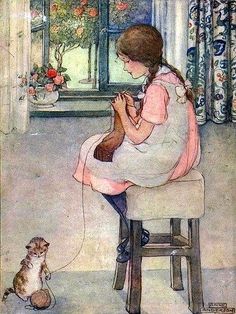 Reading Books Illustration, Illustration Kunst, Knit Art, Picture Illustration, Illustration Vintage, Art Et Illustration, Vintage Children's Books, Art And Illustration, Cat Playing