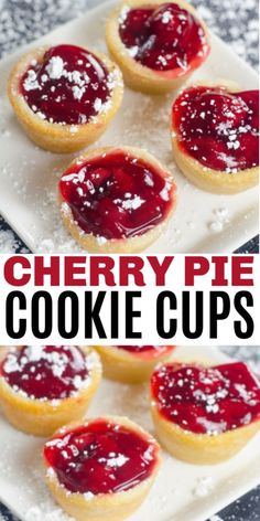 cherry pie cookie cups on a white plate with powdered sugar and text overlay