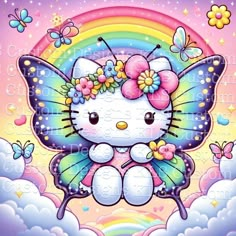 a hello kitty sitting on top of a rainbow with butterflies and flowers in her hair