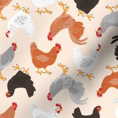 a bunch of chickens are flying around on a pink background with black, white and orange ones