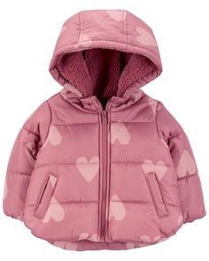 She's cozy and extra stylish in this one-of-a-kind puffer, complete with sherpa lining in the hood, fleece lining in the back and two functional pockets in the front. Baby Heart, Mix Match Outfits, Girls Overalls, One Piece Clothing, Baby Coat, Bear Outfits, Carters Baby