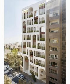 an apartment building with balconies and plants on the windows is shown in this rendering