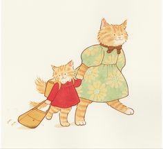 an image of a cat holding the hand of a woman in a dress and carrying a suitcase