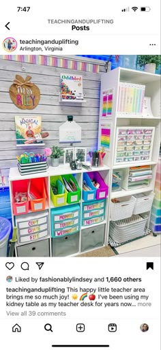 a room filled with lots of colorful bins next to a white book shelf covered in books