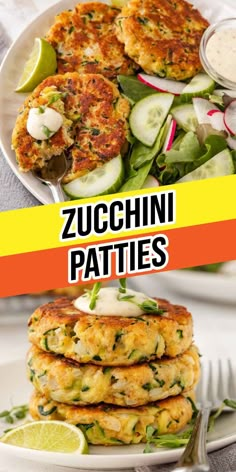 zucchini patties with cucumbers, radishes and herbs on a white plate