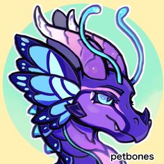 a purple dragon with blue wings on it's head and the words petbones written