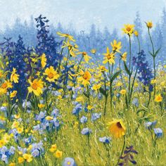 a painting of yellow and blue flowers in a field