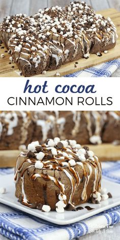 hot cocoa cinnamon rolls with white chocolate drizzles on top and in the middle