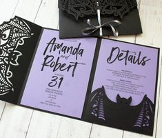 two black and purple wedding cards with bat designs on them, one is for the bride