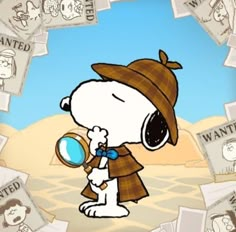 a cartoon character holding a magnifying glass in front of an image of peanuts