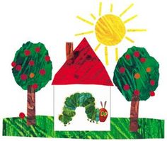 the very hungry caterpillar is in front of a house with trees and sun