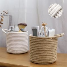 two baskets that have various items in them