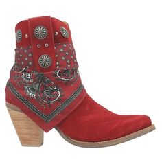 Get wild with reckless abandon in our Bandida boot from Dingo1969. Meant for those with a restless spirit, this 7-inch bootie features a 3-inch heel, gorgeous metal medallions and bandana wrap detail  you simply cannot go wrong with the Bandida. Size: 9.5.  Color: Red.  Gender: female.  Age Group: adult. High Heel Winter Festival Boots, Red Ankle Moto Boots For Fall, Red Pointed Toe Heeled Boots For Fall, Red Snip Toe Heeled Boots For Fall, Red Round Toe Heeled Boots For Rodeo, Red Heeled Boots For Rodeo In Fall, Western Ankle Booties For Winter, Red Heeled Boots For Rodeo, Vintage Red Boots For Fall