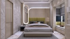 a bedroom with a large bed and a mirror on the wall next to it's headboard