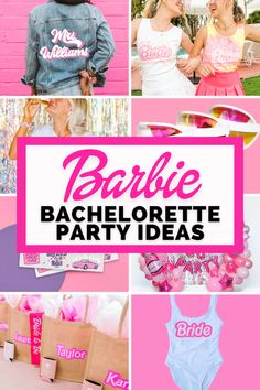 barbie bachelor party ideas with pink and white decorations, balloons, paper bags and other items