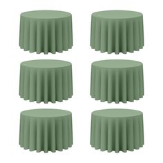 four green round tables with pleated covers on each tablecloth, set against a white background