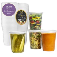 four plastic cups with different types of salads and condiments in each container