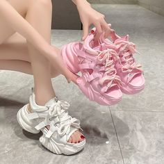 Product information:    Lining material: PU    Toe holder shape: Fish Mouth    Color: white, pink    Shoe Upper material: PU    Size: 34,35,36,37,38,39    Wearing method: front lace-up    Sole material: Polyurethane    Style: Fashion    Size:       Packing list:   Sandals*1 Pair    Product Image: Chunky Sandals, Fitness Watch, Kitchen Cooking, Platform Wedge Sandals, Chinese Drama, Sport Sandals, Pink Shoes, Isle Of Man, Lace Up Heels