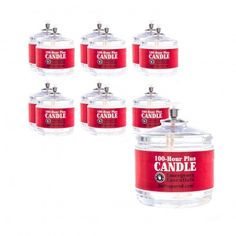 six red candles are sitting next to each other on a white background, with the words candle