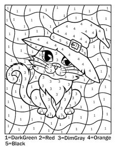 the color by number coloring page for children with an image of a cat wearing a hat