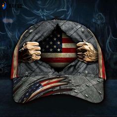 a baseball cap with two hands holding the american flag