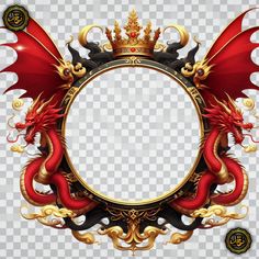 a red and gold dragon with a crown on it's head in front of a circular