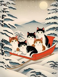 a group of cats sitting on top of a sleigh in the middle of a snow covered forest