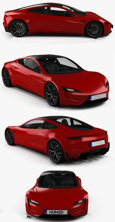 three different views of a red sports car in various angles, with the front and back view