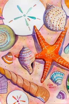 a painting of seashells and starfish on a pink background