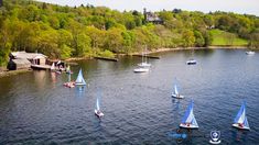 several sailboats are sailing on the water near a house and wooded area in the background