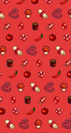 an old - school computer game with many different items on red background, all in pixel style