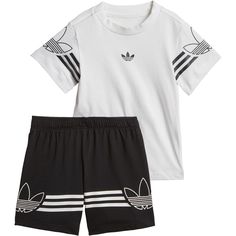 OUTLINE TEE SHORTS SET TWO-PIECE SET INSPIRED BY RETRO SOCCER STYLE. Ignited by the flame of soccer. Contrast 3-Stripes wrap the legs and sleeves of this infants' outfit. A Trefoil outline creates an archive-inspired look. Both the tee and shorts are made of an all-cotton jersey for an extra soft feel. Regular fit is not tight and not loose, the perfect in-between fit Button placket on shoulder for easy on and off (up to 18 months); Regular rise on shorts Drawcord on waist 100% cotton single jersey Imported. Black Athleisure T-shirt For Spring, Black Athleisure T-shirt For Summer, Short Cotton Tops For Sports, Black Short Sleeve Sportswear Set, Black Short Tops For Streetwear, Sporty Black Tops For Summer, Sporty Black Summer Top, Black Athleisure Sets With Short Sleeves, Black Crew Neck Sports Set