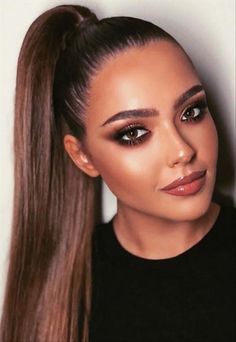 Slicked Back Hair Ponytail, Back Hair Design, Slick Back Long Hair, Sleek Back Ponytail, Ponytail Inspiration, Sleek High Ponytail, Strong Makeup, Natural Long Hair, Slick Backs