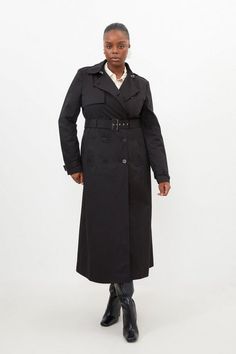 Plus Size Tailored Classic Belted Trench Coat | Karen Millen Womens Plus Size Trench Coat, Plus Size Trench Coat Outfit, Black Trench Coat Plus Size, Plus Size Long Black Coat, Plus Size Leather Trench Coats, Wedding Pants, Plus Size Workwear, Winter Wedding Guest Dress, Summer Bridesmaid Dresses