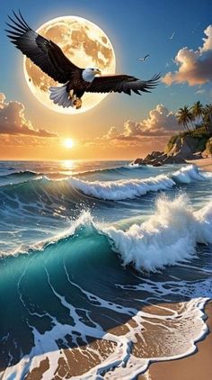 an eagle flying over the ocean at sunset with a full moon in the sky above it