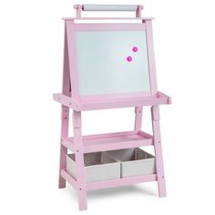 a pink wooden easel with two bins underneath it and a mirror on top