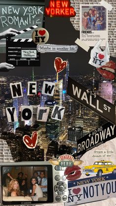 a collage of photos and stickers with the words new york on them