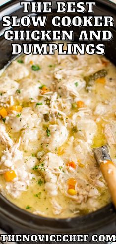 the best slow cooker chicken and dumplings recipe in a crock pot with text overlay