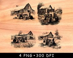 four old farm tractors in front of a barn and silo with the words, 4 png 300 dpi