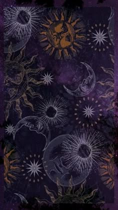 the sun and moon are depicted in this purple background with gold accents on black paper