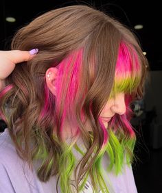 Vivid Hair Color Green, Vivid Halo Hair, Pink Hair Colour Ideas, Pink And Green Peekaboo Hair, Green To Pink Hair, Mitsuri Hair Color, Neon Pink And Green Hair, Pink To Green Hair, Pink And Green Hair Dye Ideas